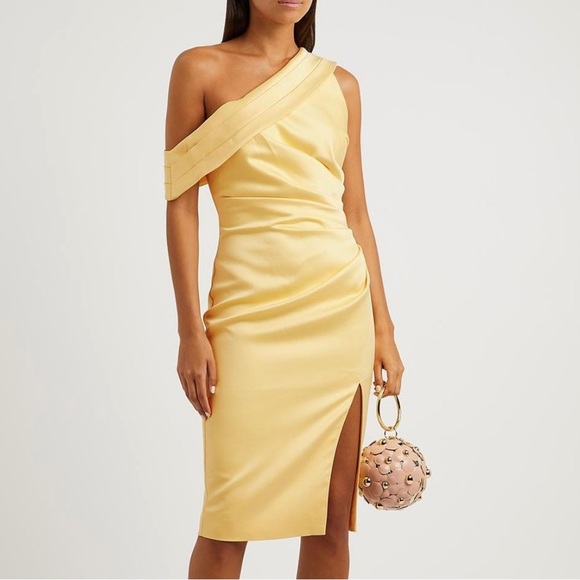 New Lavish Alice Yellow One Shoulder Pleated Satin Midi Dress With Slit Size 4 - Picture 1 of 4